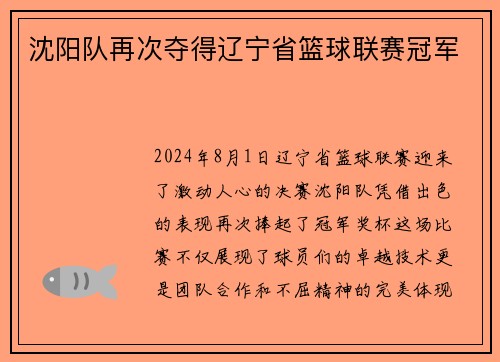 沈阳队再次夺得辽宁省篮球联赛冠军